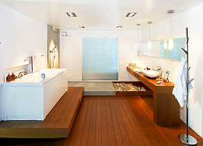 bathroom with hardwood flooring and zen styles