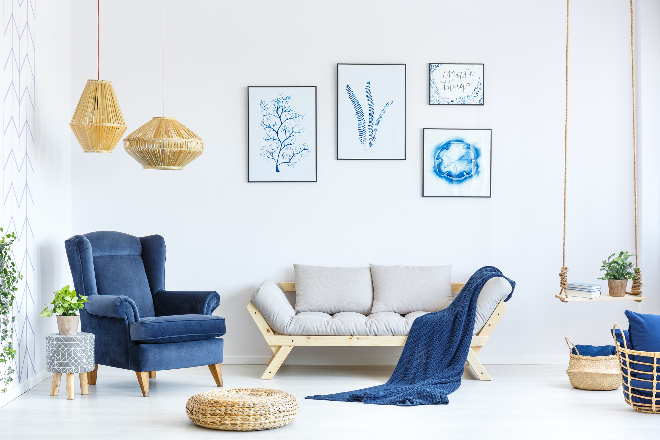 Blue Living Room With White Trim