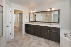 Modern Farm House Bathroom with large marble look lvt